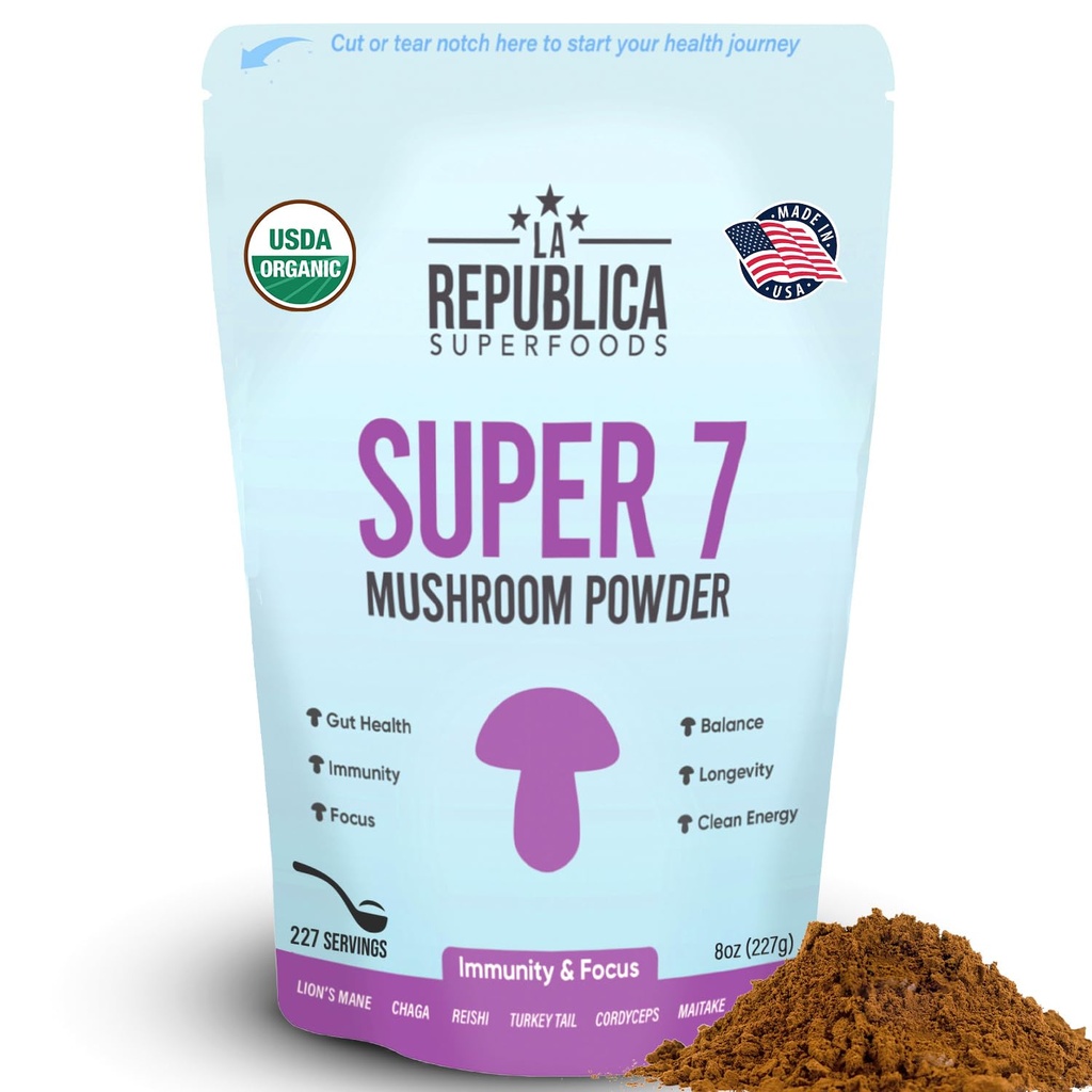 La Republica Superfood Super 7 Pilz-Extrakt-Pulver, enthält Lion's Mane, Reishi, Chaga, Cordyceps, Shiitake, Maitake und Türkei Tail (8 oz)