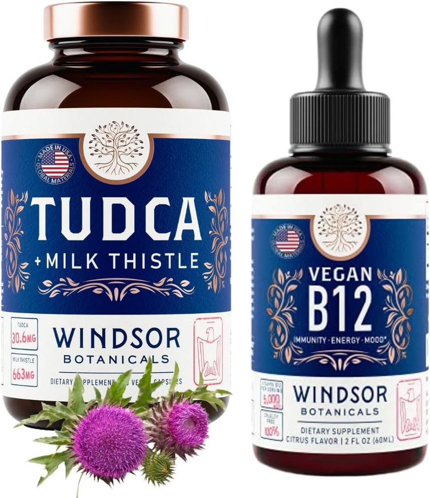 WINDSOR BOTANICALS Tudca mit Silymarin Milk Thistle und Vegan Vitamin B12 Liquid - Health Support Bundle