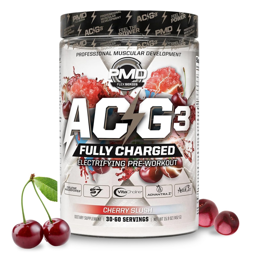 PMD Sports ACG3 Entièrement chargé - Poudre de pré-entraînement électrifiante - Pré-entraînement haute énergie et pompe pour les hommes et les femmes afin de maximiser la concentration, l'endurance et la performance - Cerise Slush (30-60 portions)