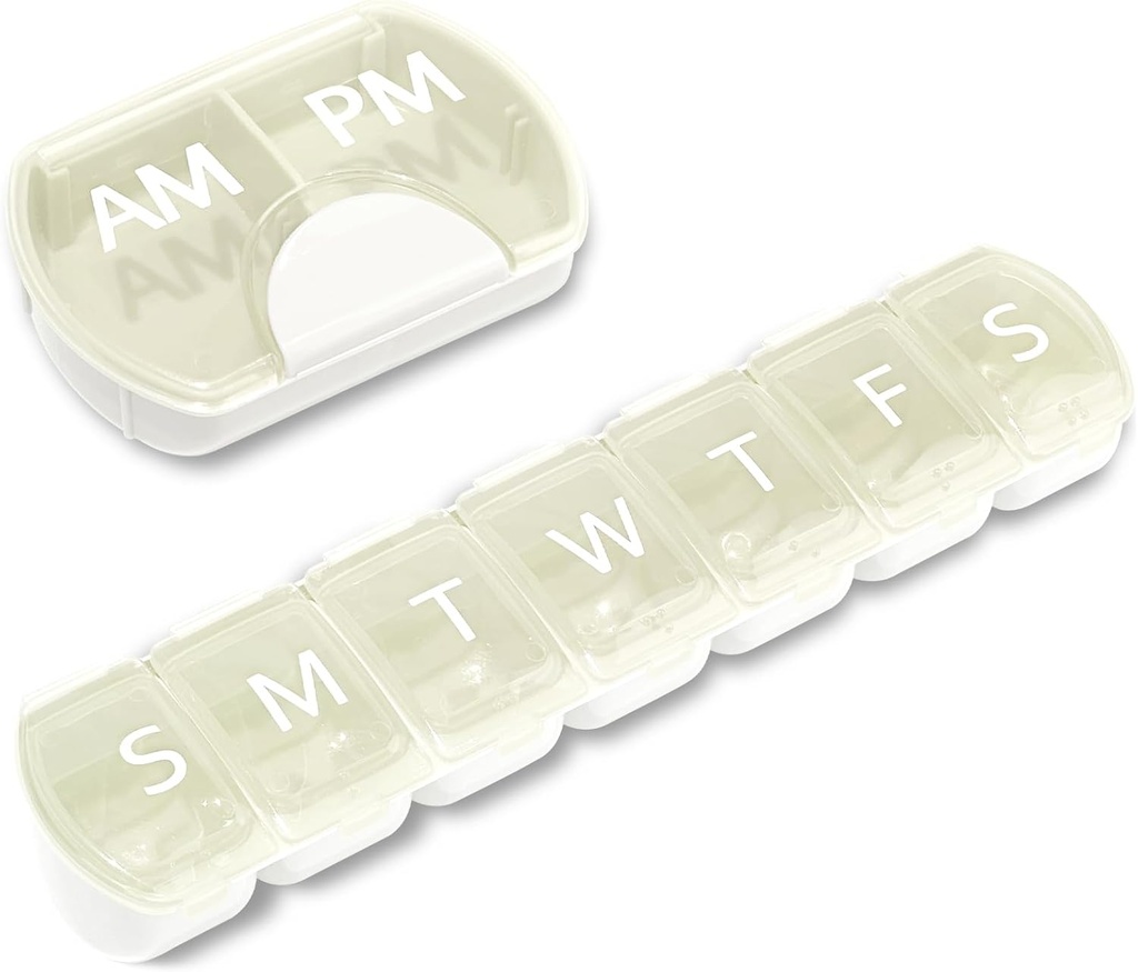 2 Pack (Semaine et jour), 2 fois par jour (AM/PM) + Organisateur de pilules de 7 jours, planificateur de vitamines, ensemble de boîtes à pilules de grande capacité, cas de pilules de voyage pour médicaments/vitamines/huiles de poisson/compléments, blanc