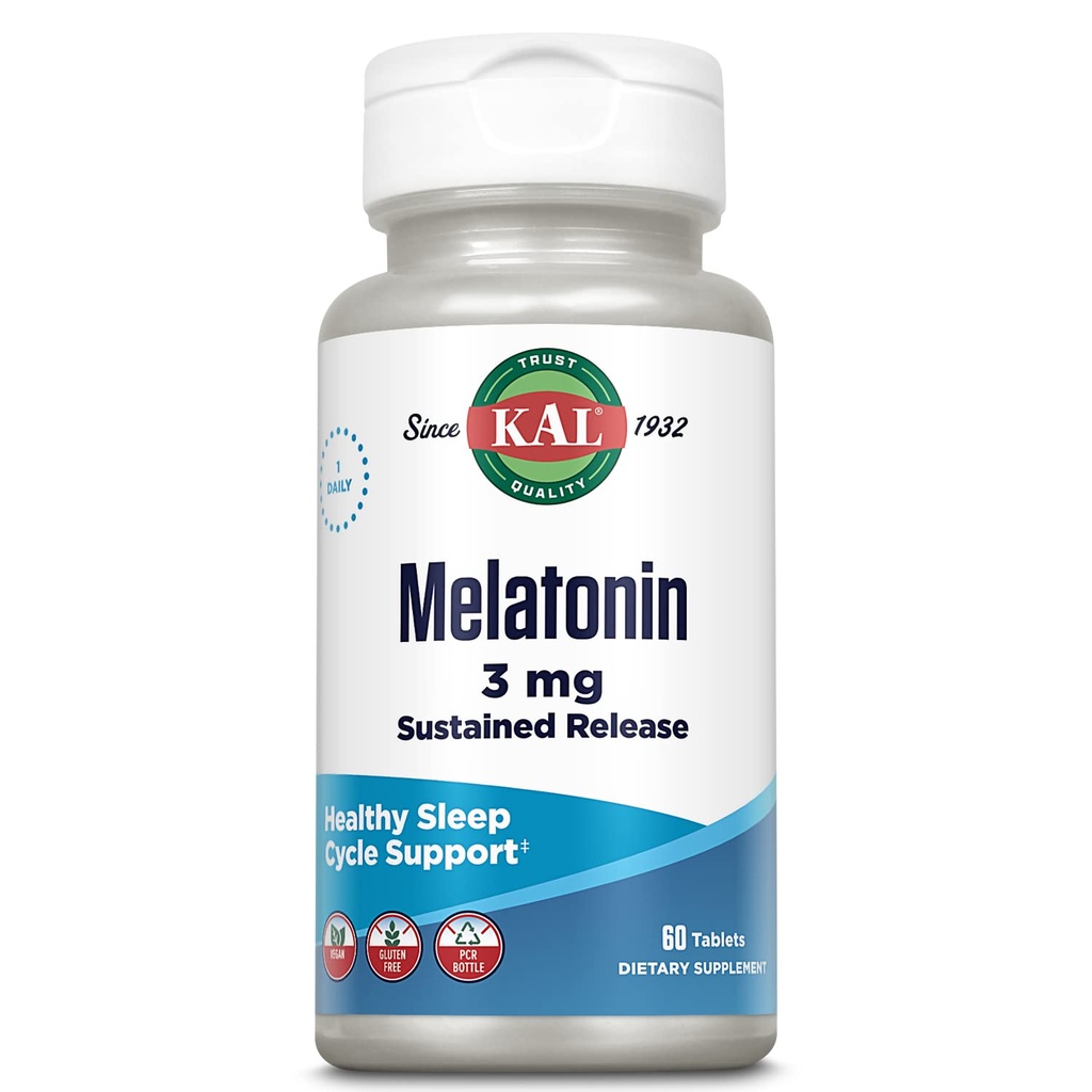 KAL Melatonin 3mg Aide au sommeil à libération prolongée, supplément à la mélatonine soutient la détente saine, un sentiment de calme et un cycle de sommeil approprié, avec/ajout de vitamine B6, végétalien, sans gluten 60 portions, 60 comprimés