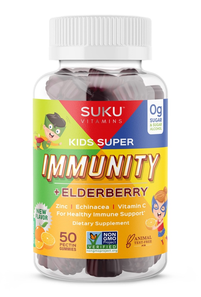 SUKU Vitamine - Kinder Super Immunität - Elderberry, Echinacea, Vitamin A und Zink Gummis für Immununterstützung - Einfach zu kauen - Non GMO, Gluten Sugar Free - Granatapfel-Gummi-Vitamine, 50 Graf