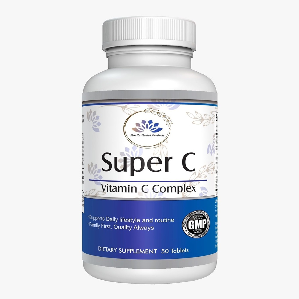 Complexe Vitamine C Super C – Protection antioxydante haute puissance pour la santé et la fonction immunitaire avec HIPS Rose – 50 comprimés, 30 jours de service, 1000 mg – sans OGM, formule végétalienne