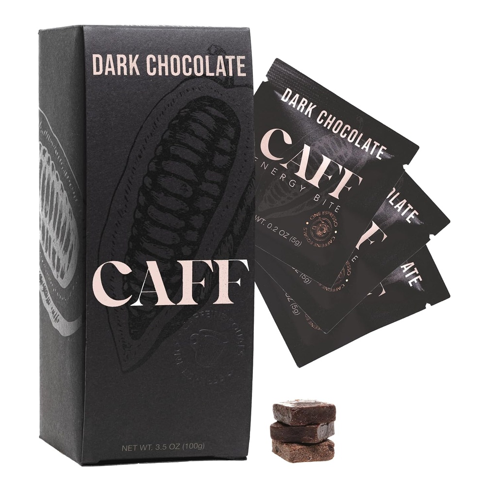 CAFF Alle natürlichen Energie-Bites - Koffeinierte Schokoladen-Flaschen-Kau für Energie-Boost - Kein hinzugefügter Zucker - 65mg Koffein-Schokolade-Bars – 15 Calorie Bio Koffein Snacks - Vegan, Gluten-Free, Keto (20 Bits)