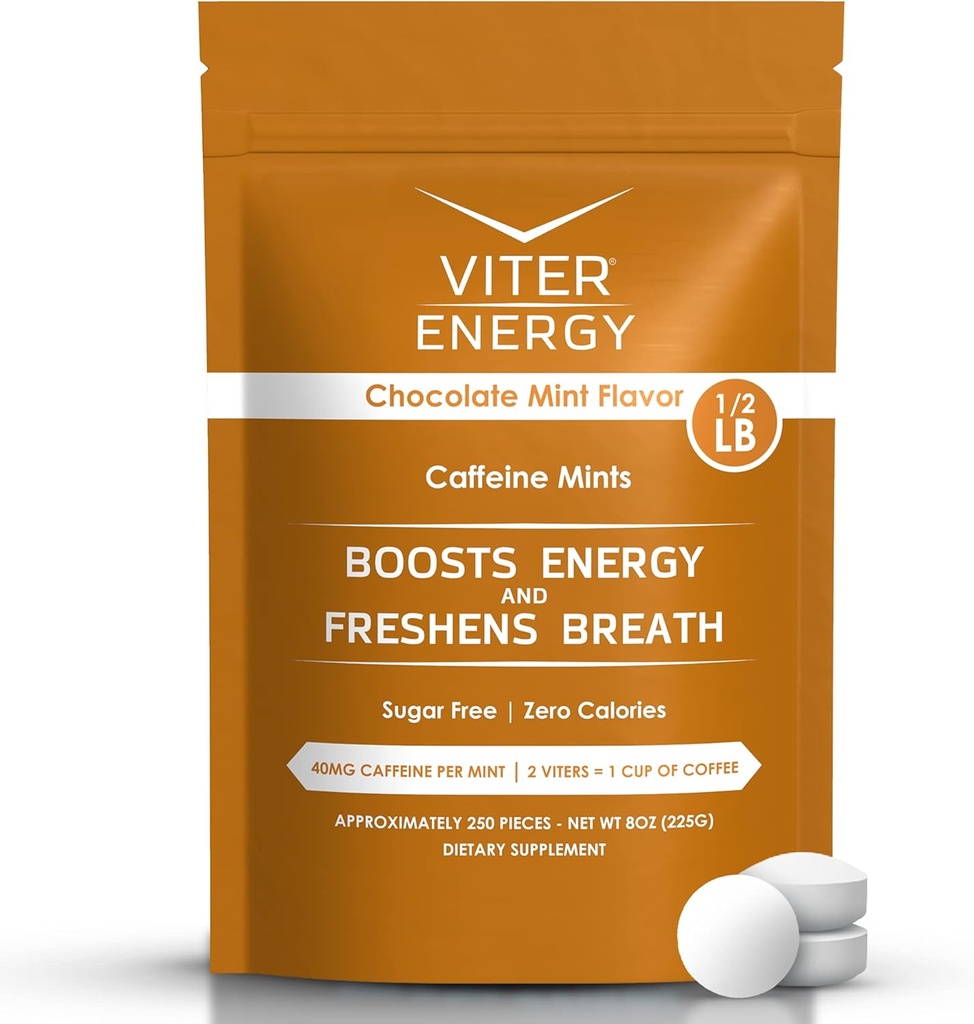 Viter Energy 40mg Menthes de caféine - Sans sucre, B Vitamines, Vegan, Boosts Fast Energized Alert Focus, Pills de supplément nootrope caféiné (arôme de menthe chocolatée, 8oz, sac en vrac)