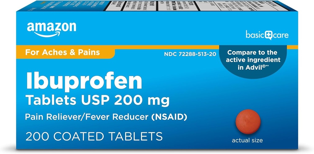Soins de base Ibuprofène Comprimés, Réducteur de fièvre et soulagement de la douleur des douleurs corporelles, maux de tête, arthrite et plus, brun, 200 Compte (Emballage peut varier)