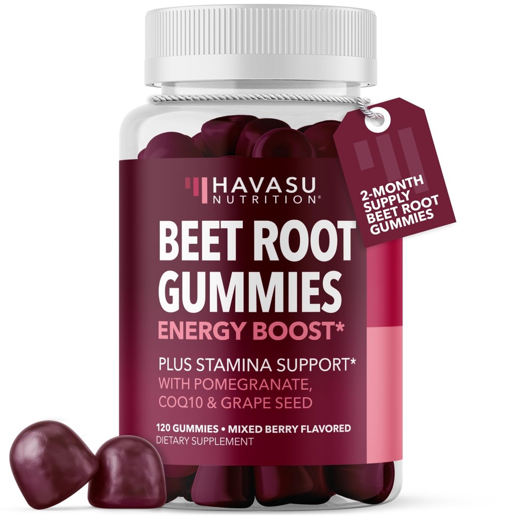 Gommies de racines de betteraves avec COQ10 & grenade - Supplément à l'oxyde nitrique pour les hommes et les femmes - Abeille pour l'endurance, la performance, la récupération - végétalien, non-OGM, sans gluten - mélange d'arôme de baie, 120 comte