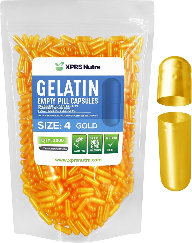 XPRS Nutra Größe 4 Leere Kapseln - 1000 Graf kleine leere Gelatine Kapseln - Pillen DIY Kapsel Füllung - Füllbare reine Bovine Pille Gel Kapseln für Do-It-Yourself Ergänzungen (Gold)