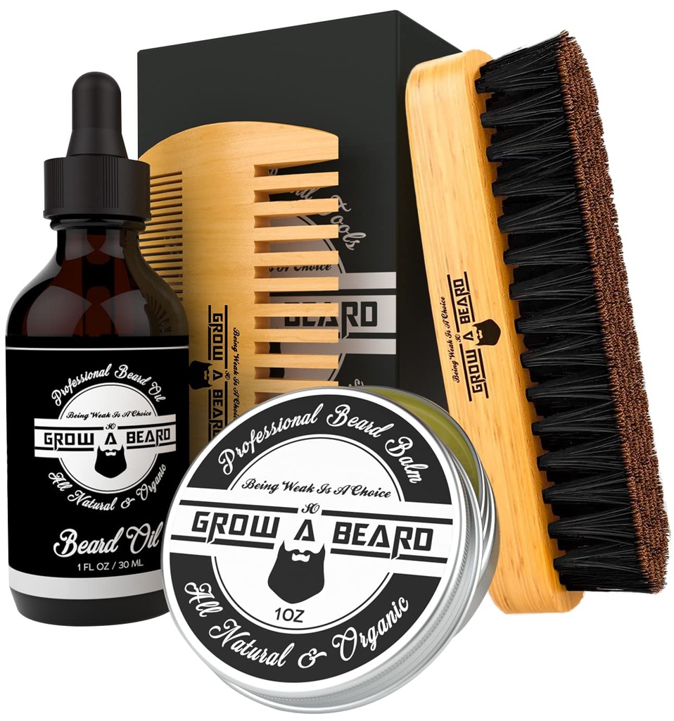 Bart Brush, Bart Comb, Bartöl, & Bart Balm Grooming Kit für Herrenpflege, Reise Gesichtshaar Set für Wachstum, Styling, Glanz & Weichheit, Große Geschenke für ihn