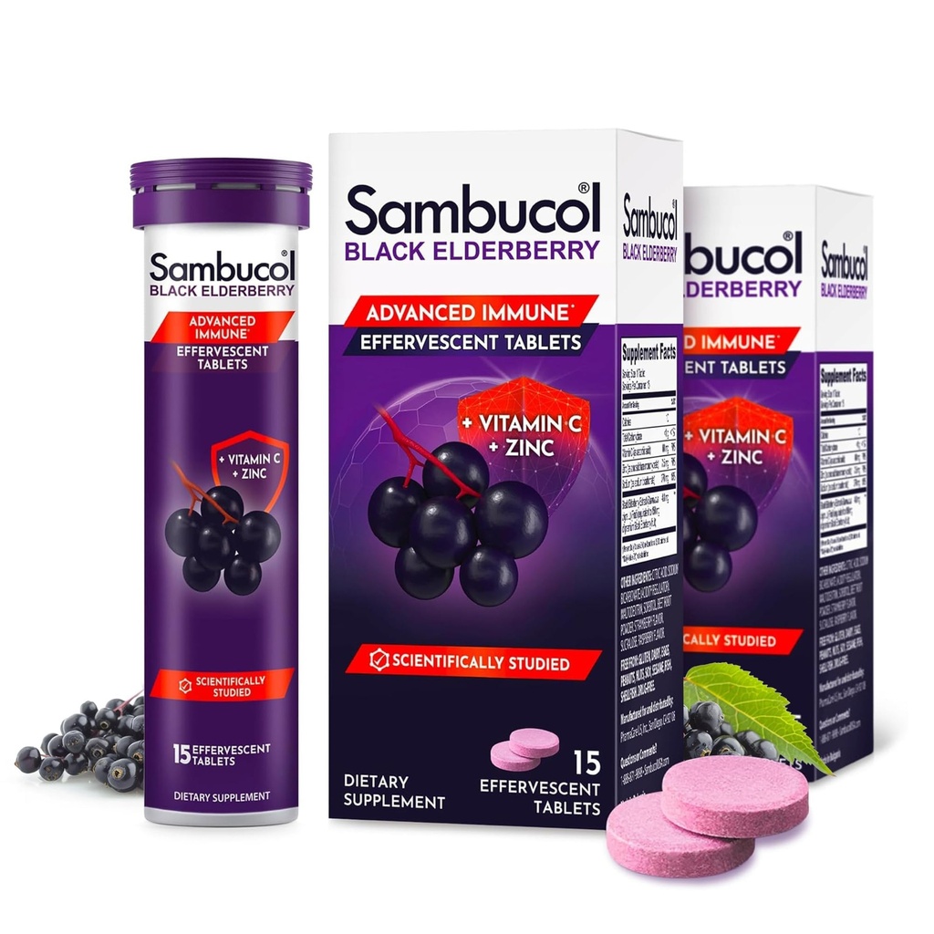 Sambucol Black Elderberry Tabletten mit Vitamin C & Zink - Immununterstützungsergänzung, Black Elderberry mit Zink und Vitamin C Effervescent Tabletten, High Antioxidants, Drink Fizzies- 30 Count