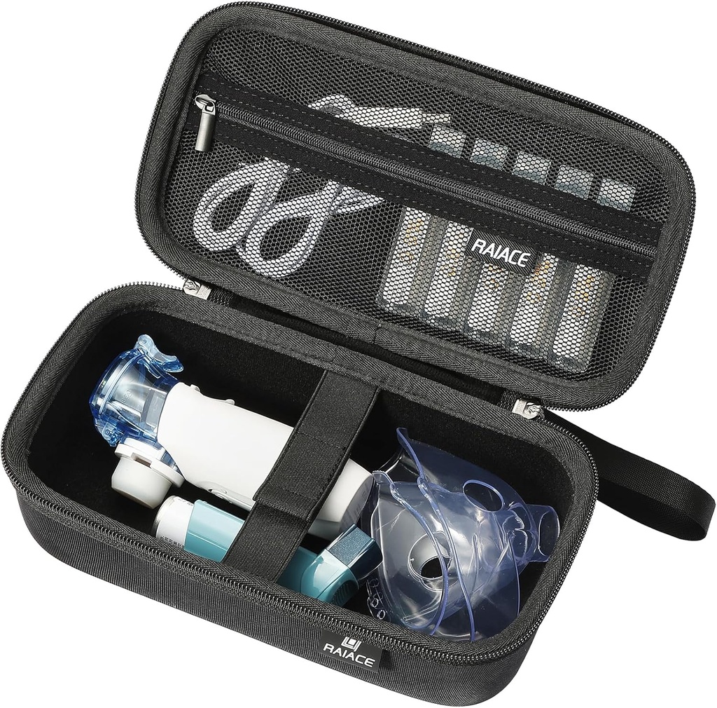 RAIACE Hard Storage Case für tragbare Handheld Inhaler Nebulizer Maschine, Asthma Inhaler Reisetasche. Eingebaute Netztasche für Medizin und Zubehör. (nur Koffer) - Schwarz