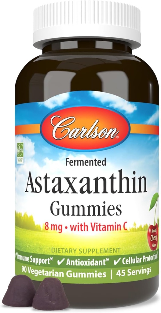 Carlson - Astaxanthin Gummie, mit Vitamin C, Immununterstützung, Antioxidans, Herzgesundheit, Non-GMO, Kirsche Flavor, 90 Vegetarische Gummier