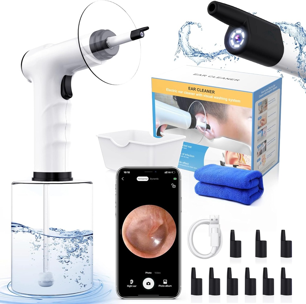Ear Wax Entfernung, Ear Cleaning Kit, Wasserbetriebene Ohrenreiniger mit 3 Druckmodi 12 Ersatztipps, Ohr Bewässerungsspülsystem, sichere und effektive Ohr Wax Entfernungswerkzeug (schwarz)