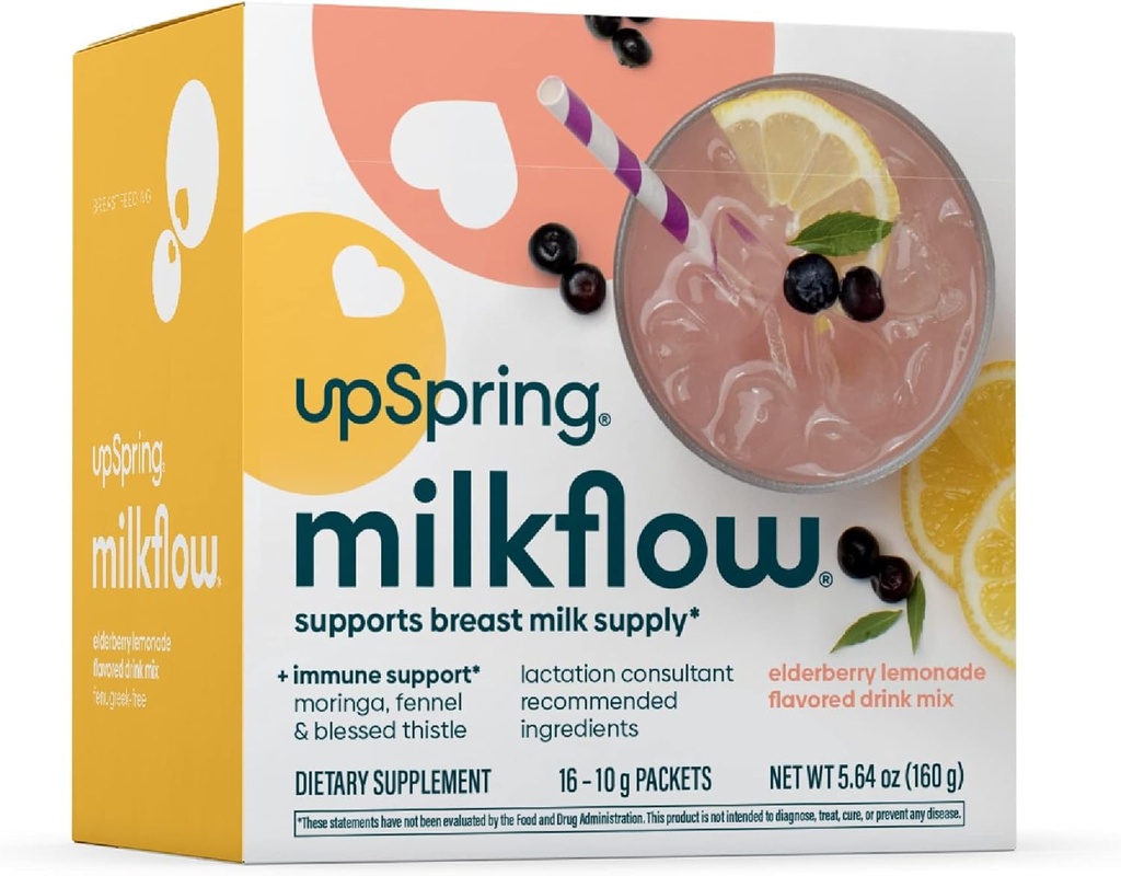 UpSpring Milchfluss Immununterstützung Stillende Ergänzung Getränke Mix Fenugreek-frei, Moringa Elderberry Lemonade Flavor, Lactationsergänzung zur Unterstützung Brustmilchversorgung, 16 Mischungen