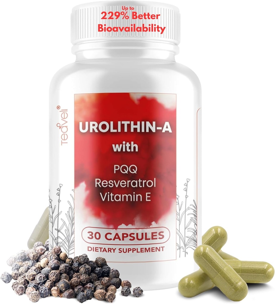 Urolithine A avancée (15 portions) et supplément de cellules souches avec 500mg Urolithine A, Resvératrol, PQQ, Vitamine E & Bioperine – soutient NAD+, Mitochondria, santé musculaire, cellules saines et niveaux d'énergie