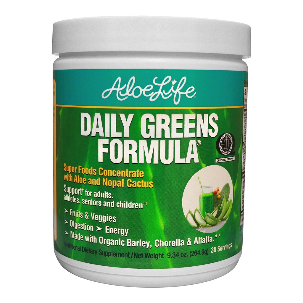 Aloe Life - Poudre quotidienne de vert, supplément de santé biologique certifié QAI, antioxydants, 21 fruits, légumes et herbes, y compris Aloe & Nopal Cactus, Basse-Calorie, Céto-friendly, sans gluten (30 portions)