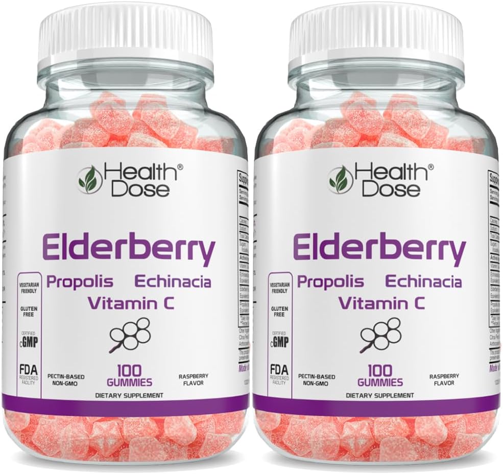 Gesundheit Dose Elderberry Sambucus Gummy Vitamine Kinder 100 Gummi. mit Propolis Extrakt, Echinacea, Vitamin C, Yummy Himbeer Geschmack, Vegan, Glutenfrei, Verteidigung, Immununterstützung Booster. Pack von 2
