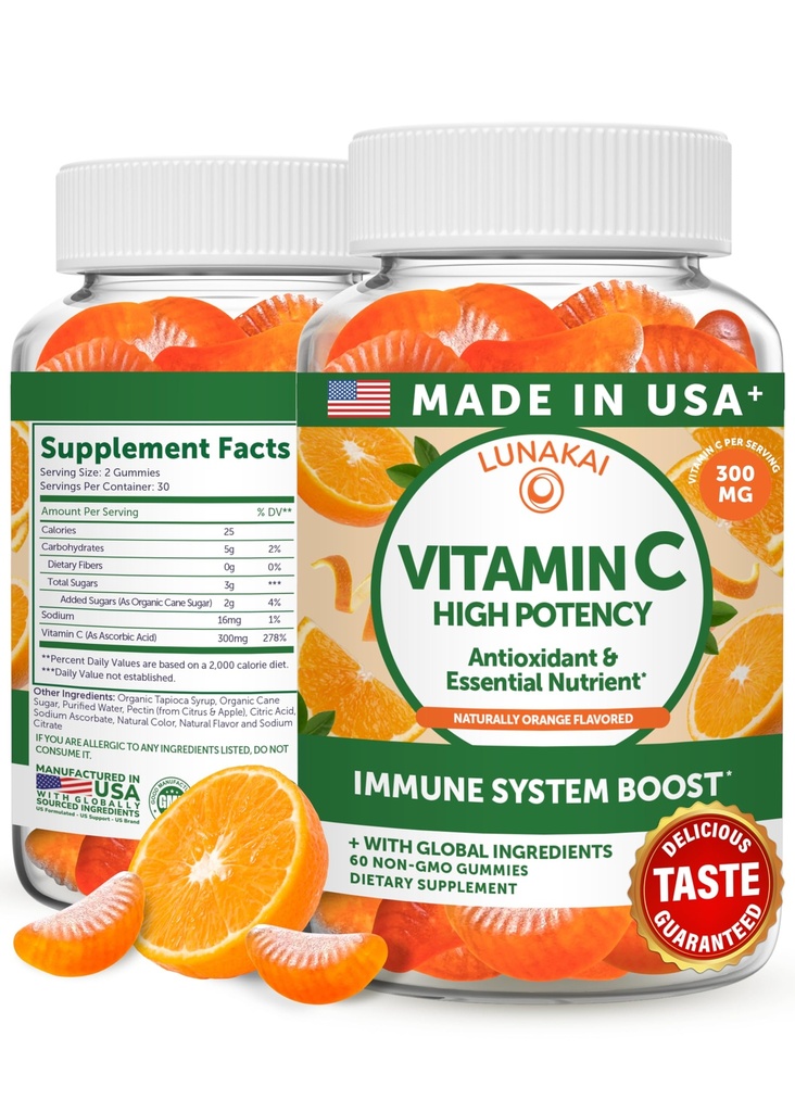 Lunakai USA Made High Potency Vitamin C Gummis für Erwachsene und Kinder - 300mg Immununterstützung - Non-GMO, Vegan, Köstliche Orange Flavor, 60ct