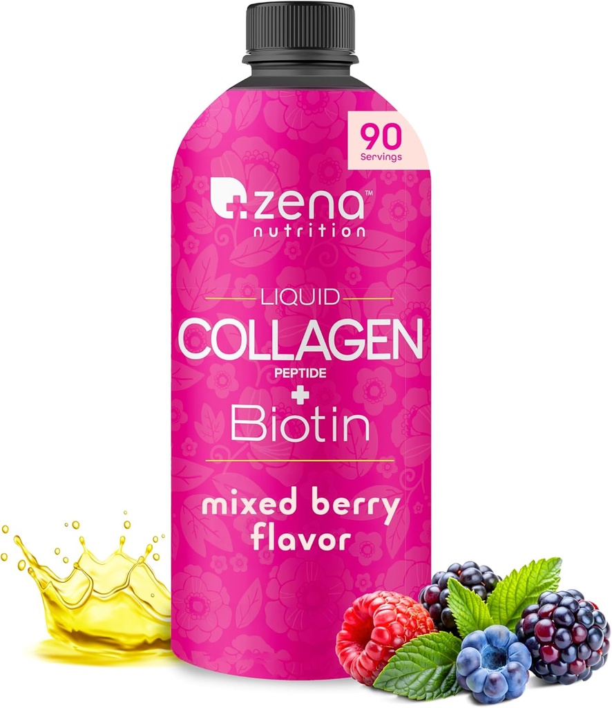 Zena Nutrition Liquid Collagen Peptides and Biotin, 2500mg Verisol Bioactive Collagen Peptides, 5000mcg Biotin, Haar, Haut, Nagelergänzung für Frauen und Männer, Mischbeere, 90 Servierungen, 30 fl oz