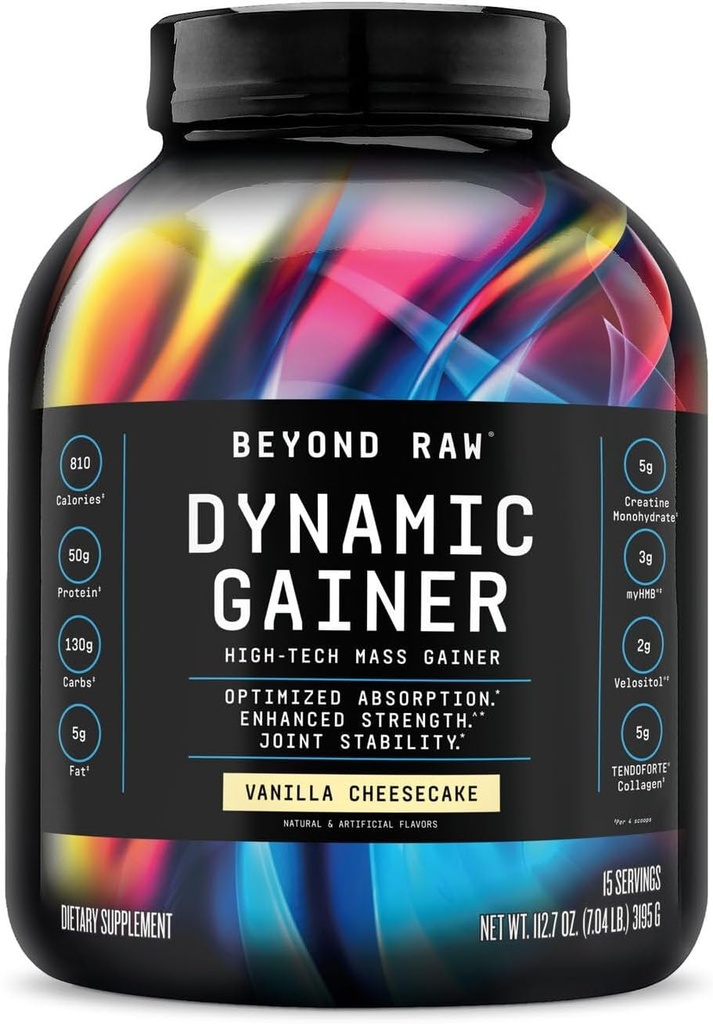 BEYOND RAW Dynamic Gainer. High-Tech Maß Gainer, optimierte Absorption und verbesserte Festigkeit, Vanille Käsekuchen, 15 Portionen