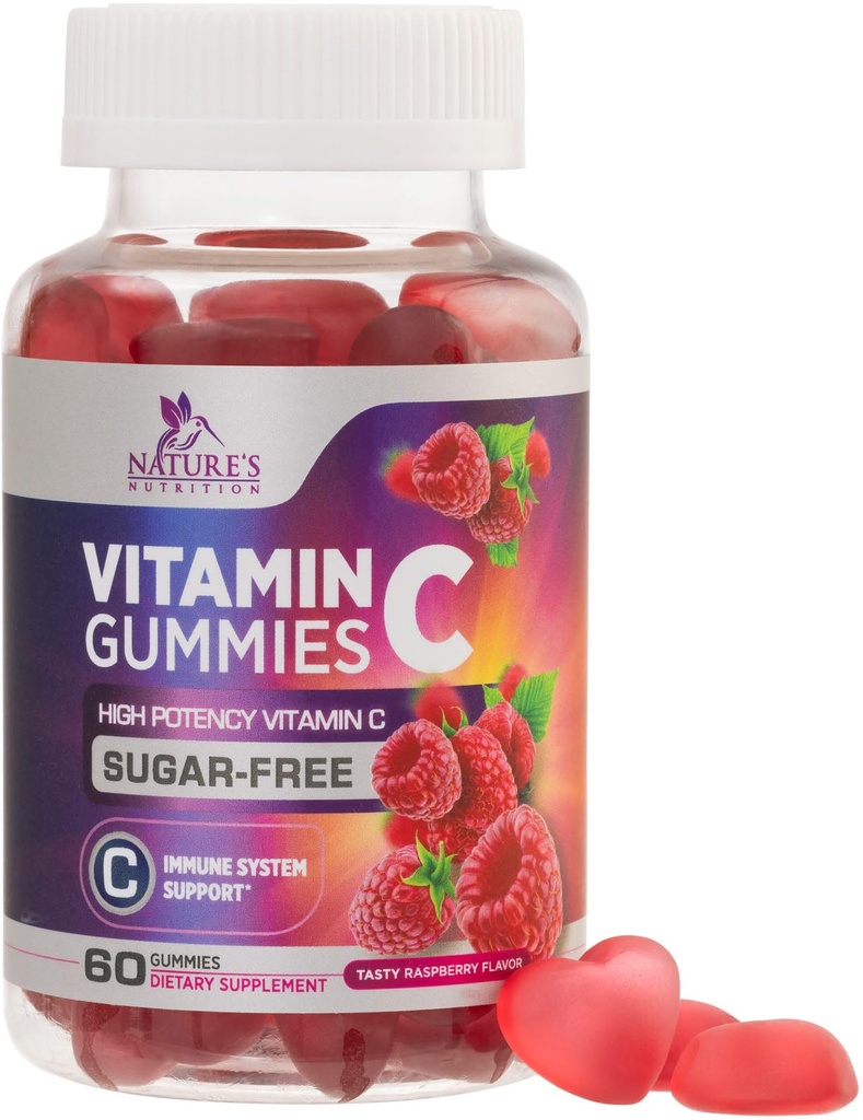 Sugar Free Vitamin C Gummis - Immununterstützung & Antioxidante VitaminC Nahrungsergänzung - Vegan, Non-GMO, Dairy & Gluten Free C Vitamin Gummy - Himbeer Geschmack für Kinder & Erwachsene - 60 Count Gummis