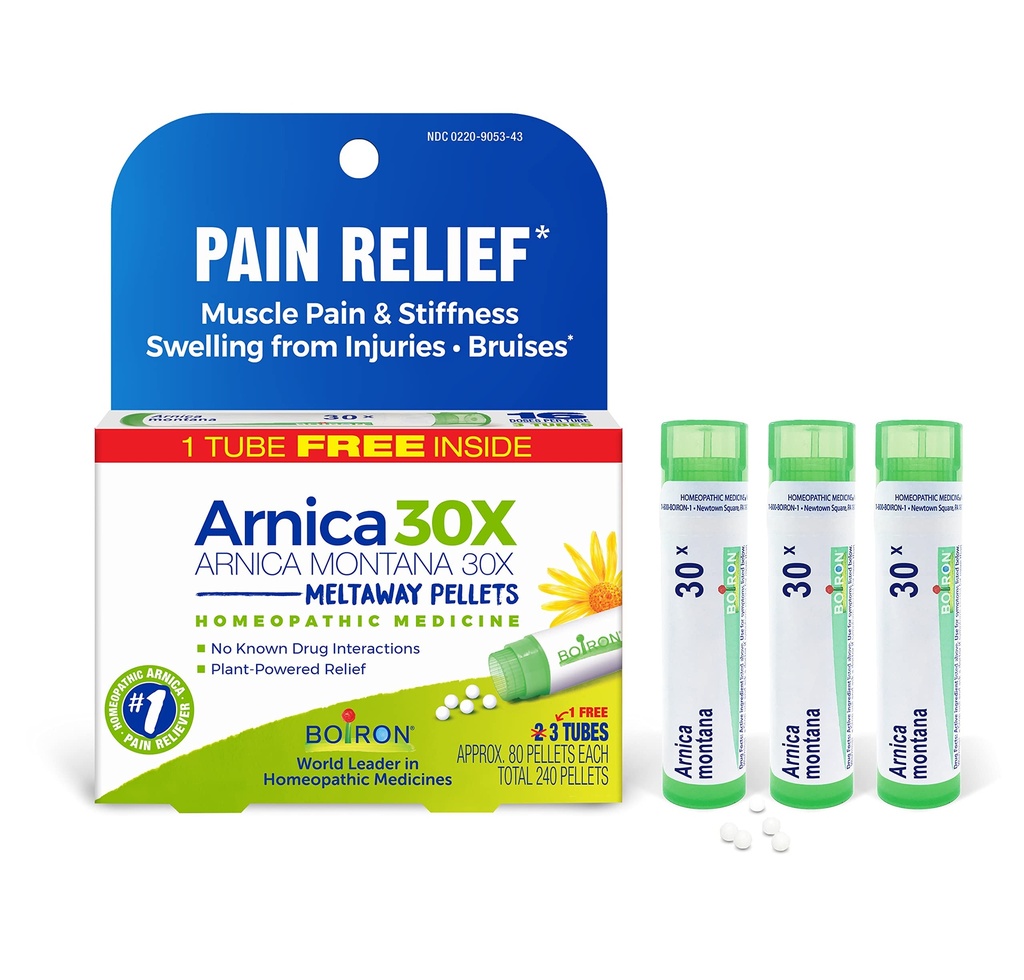 Boiron Arnica Montana 30X Homöopathic Medicine for Relief from Muscle Pain, Muscle Stiffness, Swelling from Injury, and Discoloration from Bruises - 3 Count (240 Pellets)