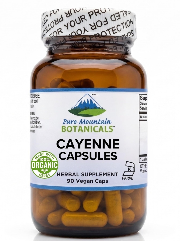 Pure Mountain Botanicals Cayenne Pepper Capsules - 90 Kosher Caps végétaliens avec 500mg de poivre Cayenne biologique avec Capsaicin