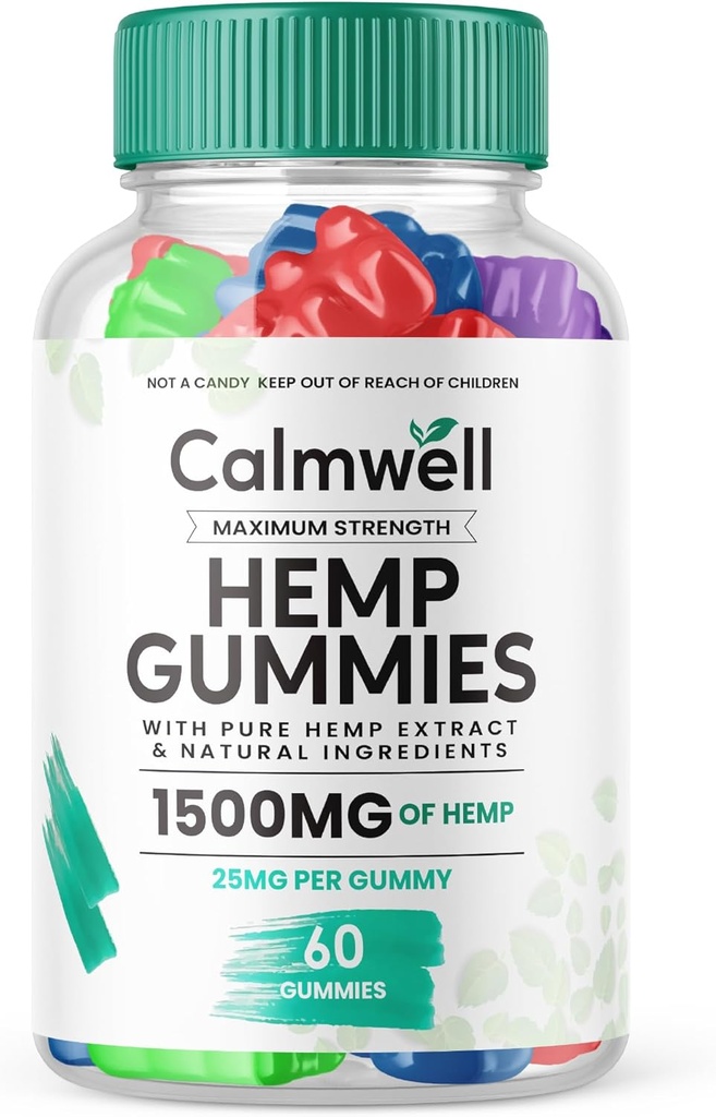 Calmwell Hemp Gummies - Offizielle Formel - Calmwell Gummis Extra Strength, Maximum Performance Hanf Blend, ruhige Well Gummies Großer Geschmack 25mg pro Gummy 1500mg pro Flasche New 2024 Blend (60 Gummi)