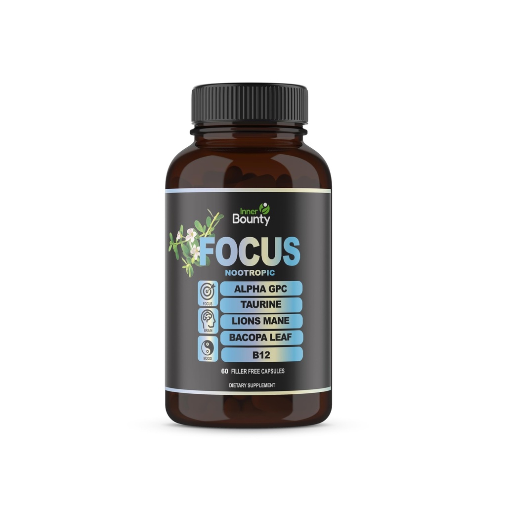 Focus 14-in-1 Nootropic Brain Supplement mit Lions Mane, Alpha GPC Cholin, Vitamin C & B12, Taurin, Bacopa - Energie, Kognitiv, Memory Support, 60 Füllerfreie Kapseln