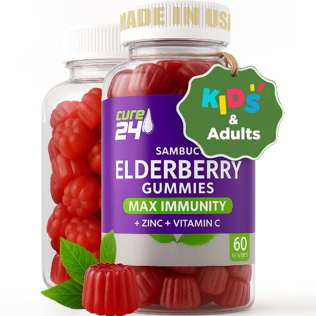 Sambucus Elderberry Gummies + Vitamin C + Zink für Kinder & Erwachsene, X3 Immununterstützung, natürliche Aromen + Inhaltsstoffe, Vegan, Non-GMO, Made in USA (60)
