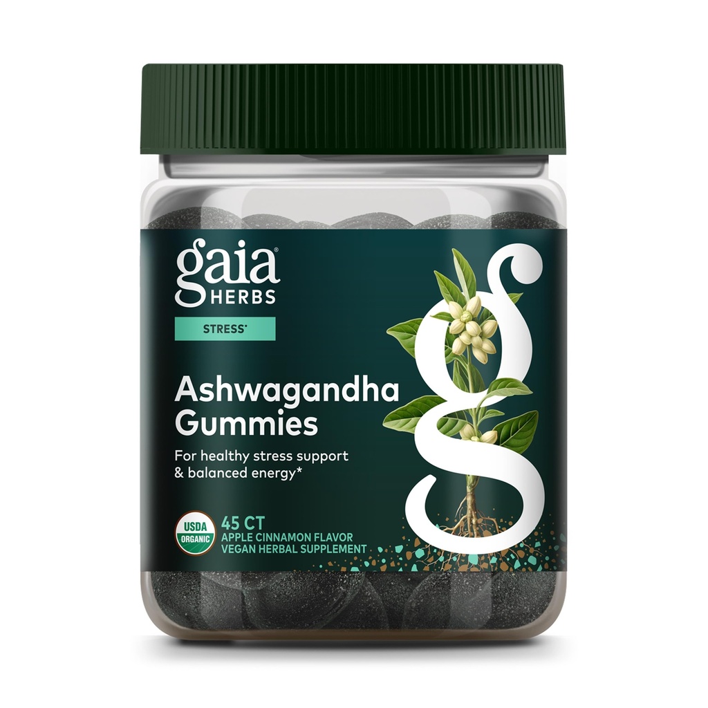 Gaia Herbs Organic Ashwagandha Gummis, Stress Support, Cinnamon, Ginger, Glutenfrei, Vegan, 45 Count