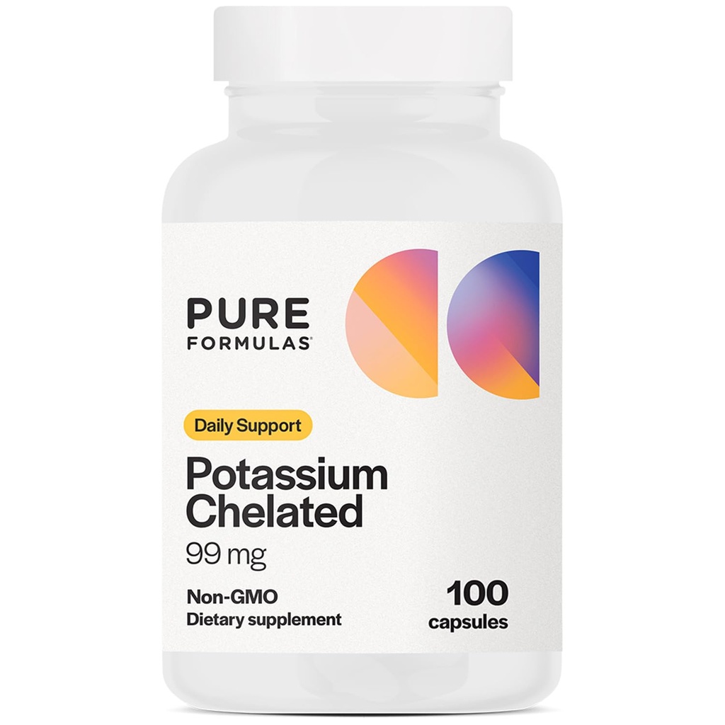 PureFormulas Kalium-Ergänzung Chelat 99 mg Hochsorbierbare reine Kaliumformel für Energie, Nerve, Muskel, Nieren, Herz, und Skelett-Unterstützung, Non-GMO - 100 Vegetarische Kapseln