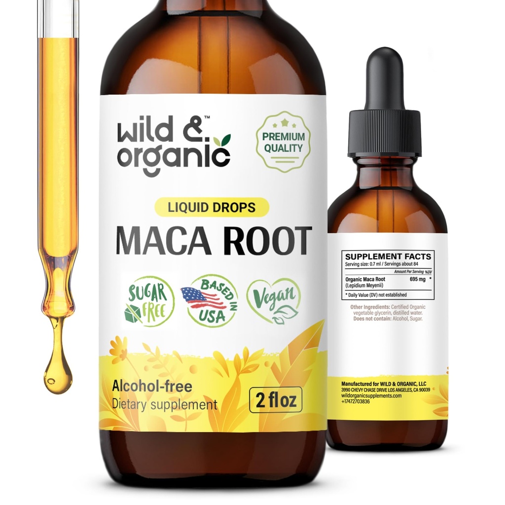 Des gouttes de racine de maca sauvage et biologique pour les femmes et les hommes - Mood, Focus, Active Lifestyle - Supplément de maca péruvien - Teinture végétalienne, sans sucre et sans alcool - 2 fl oz