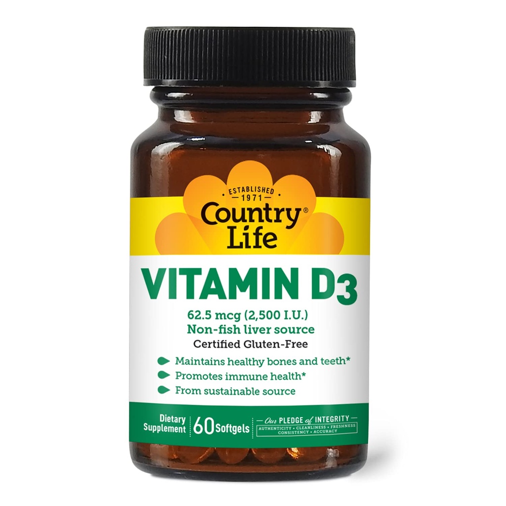 Pays Vie Vitamine D3 2500 I.U. Sans gluten, 60 Softgels