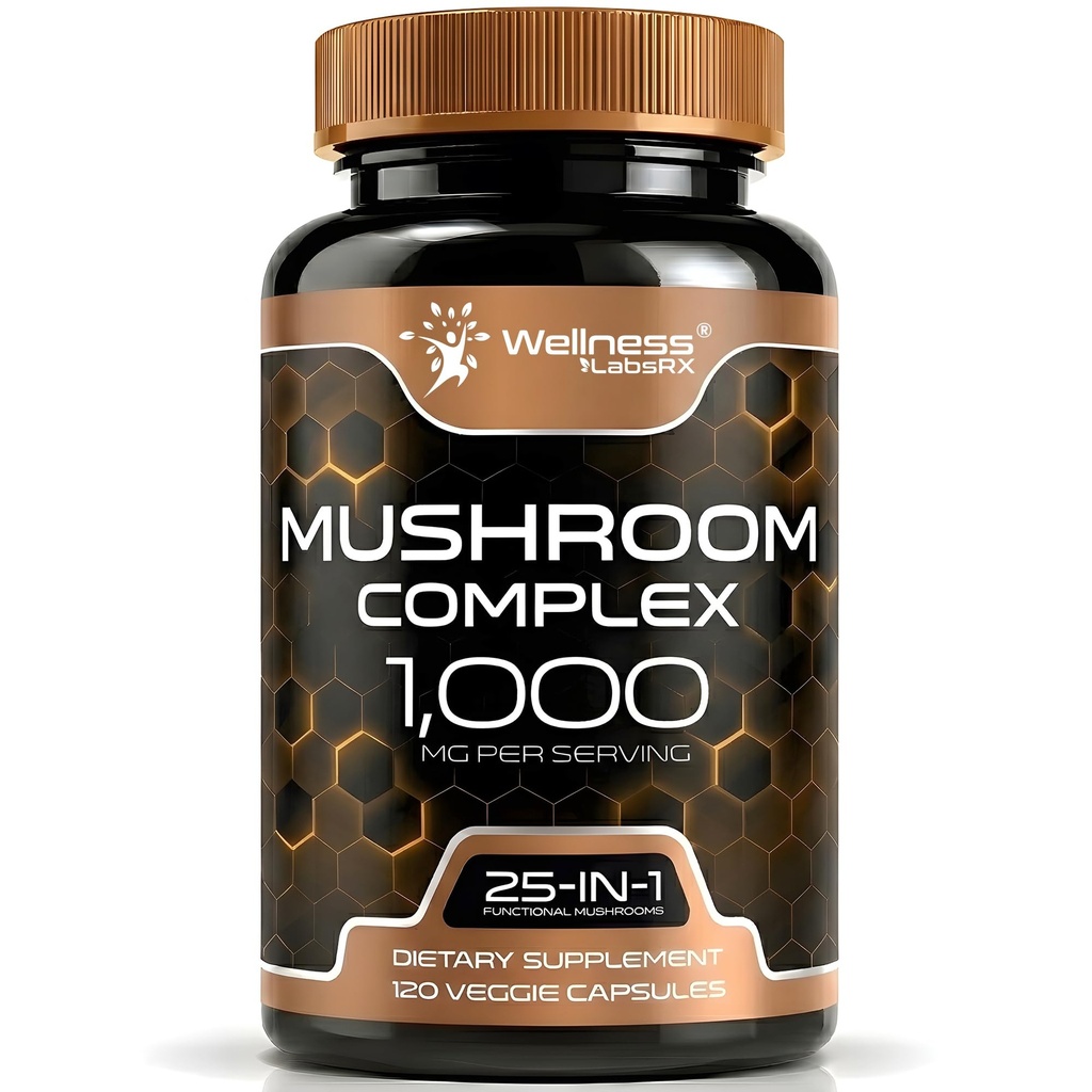 WELLNESS LABSRX Mushroom Supplement Kapseln 10:1 Extrakt, Pilz Complex Kapseln 1000mg, Lions Mane Supplement mit Türkei Tail, Cordyceps, Reishi - 120 Count