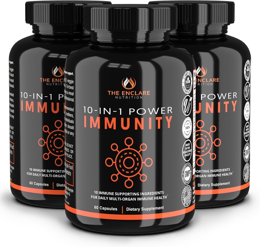 THE ENCLARE NUTRITION Immune unterstützen Vitamine mit Vitamin C, Elderberry, Zink, Echinacea, Kurkuma, Knoblauch. 10in1 Immunität Verteidigung Ergänzung Booster für Erwachsene. Veg Kapseln 60ct (3)