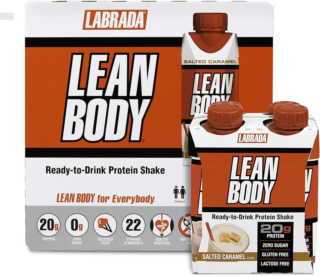LABRADA NUTRITION - Lean Body RTD Whey Protein Shake, Remplacement pratique des repas pour les hommes et les femmes, 20 grammes de protéines – Zéro sucre, lactose et sans gluten, caramel salé (paquet de 16)