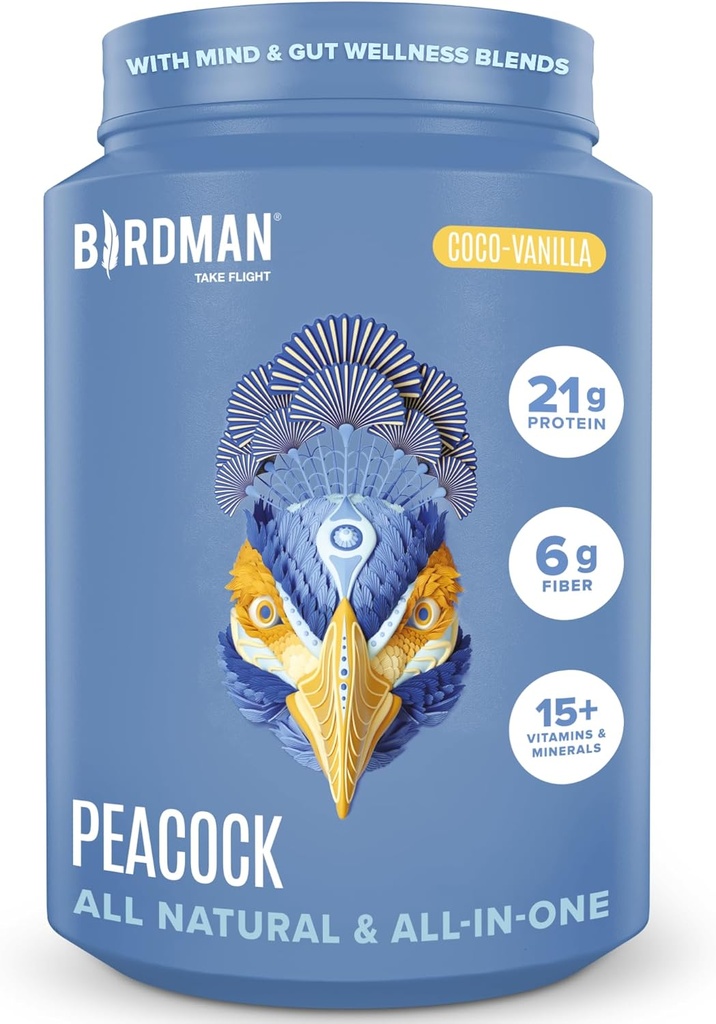 BIRDMAN Peacock Vegan Protein Pulver | Komplette pflanzenbasierte Meal Ersatz Shake mit Magnesium, Vitamin D, MCT Öl | Alle in einer Ergänzung für Männer und Frauen | Glatte Textur | Coco Vanilla Flavor