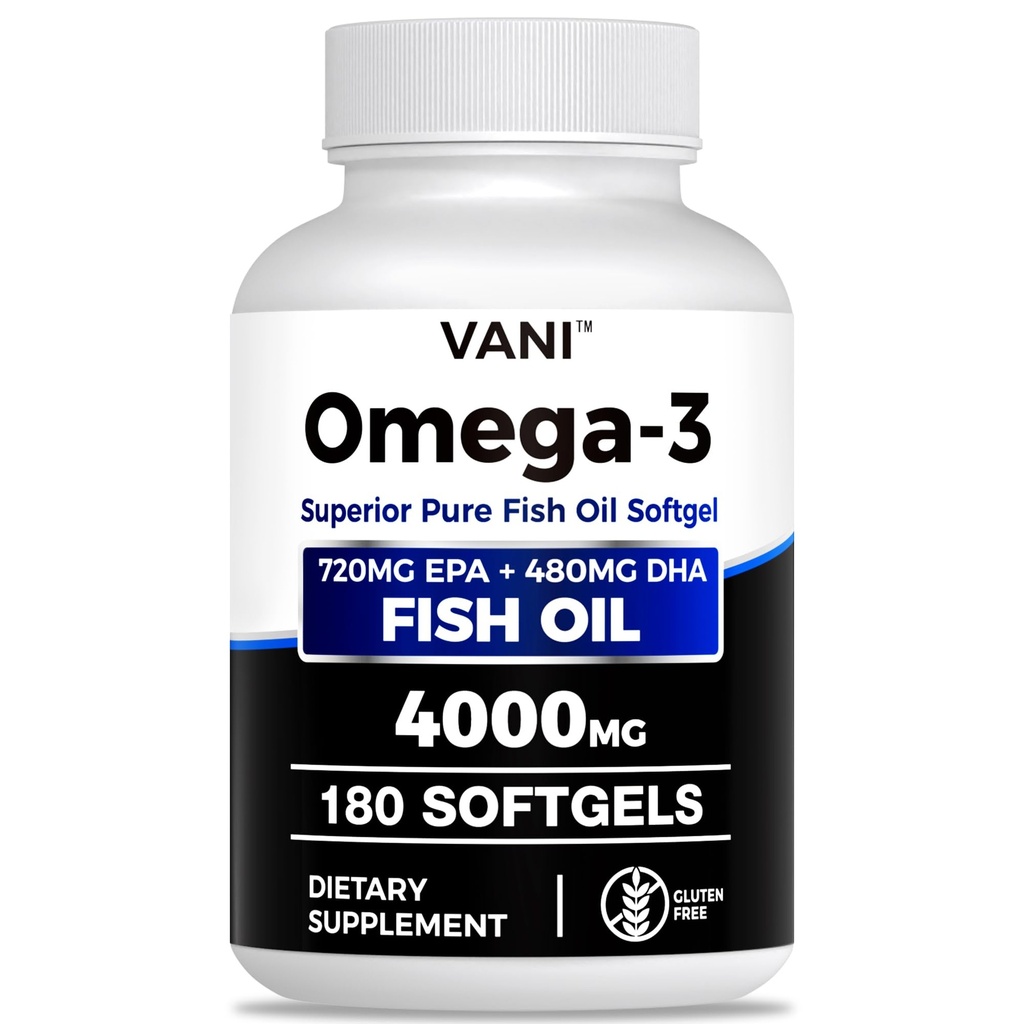 Huile de poisson Oméga 3 (4000mg), 180 Softgels, Oméga 3 suppléments acides gras avec EPA et DHA pour la santé du cerveau et du coeur*