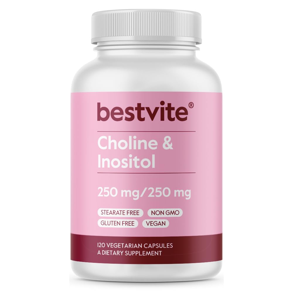 BESTVITE Choline Inositol 500mg (120 capsules végétariennes) - Pas de stéarate - Pas de remplissage - Pas de phosphate de dicalcium - Vegan - Non OGM - Sans gluten