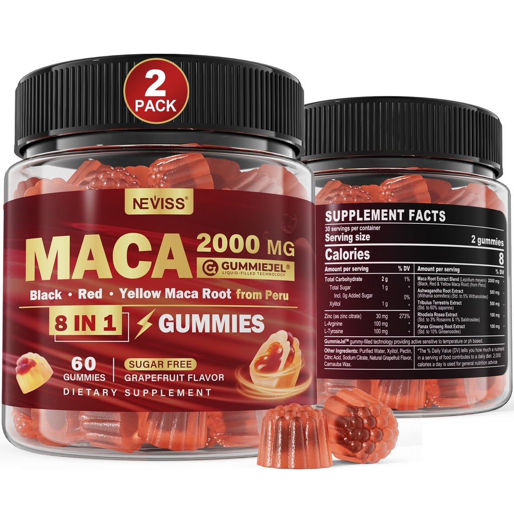 2 Pack Sugar Free Maca Root Gummies 2000mg mit Ashwagandha, Tribulus Terrestris, Rhodiola, Panax Ginseng, L Arginine & L Tyrosine - Organic Black Red Yellow Maca Root for Women Men Energy Support