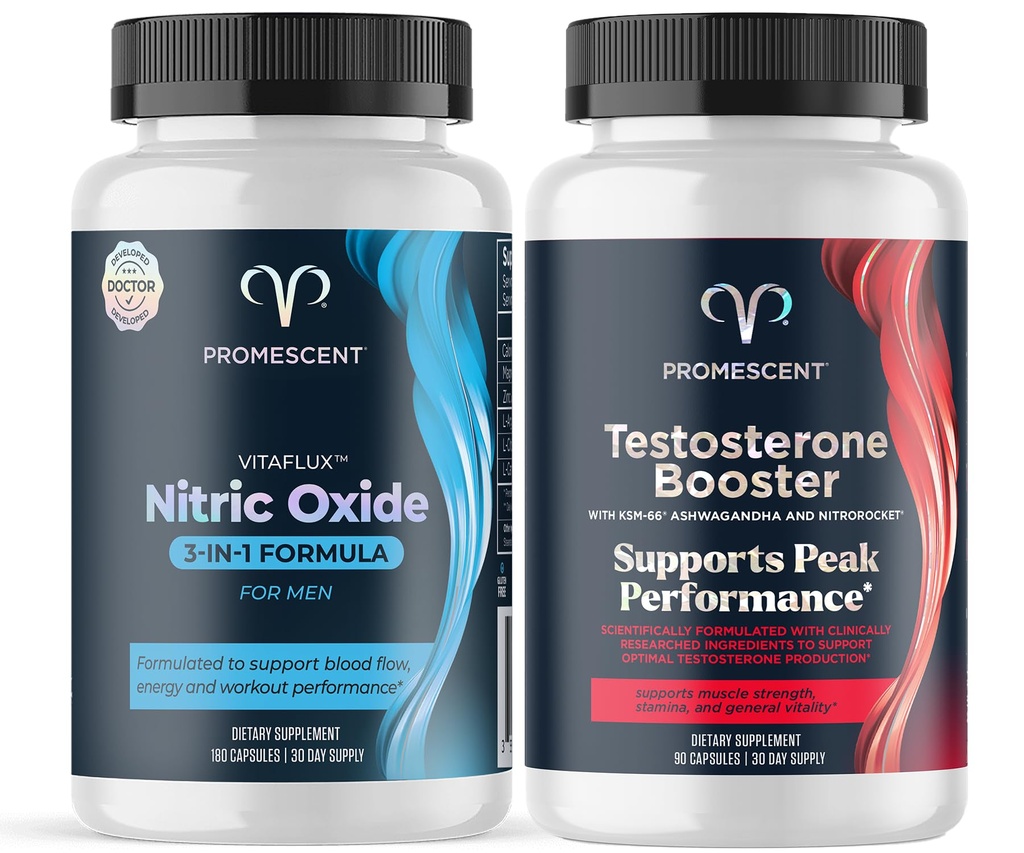 Promescent VitaFLUX Nitric Oxide Supplement, L Arginine l Qualität Citrulline Ergänzungen für Männer + Testosteron Booster für Männer Supplement w/Tongkat Ali (LongJack), KSM-66 Ashwagandha