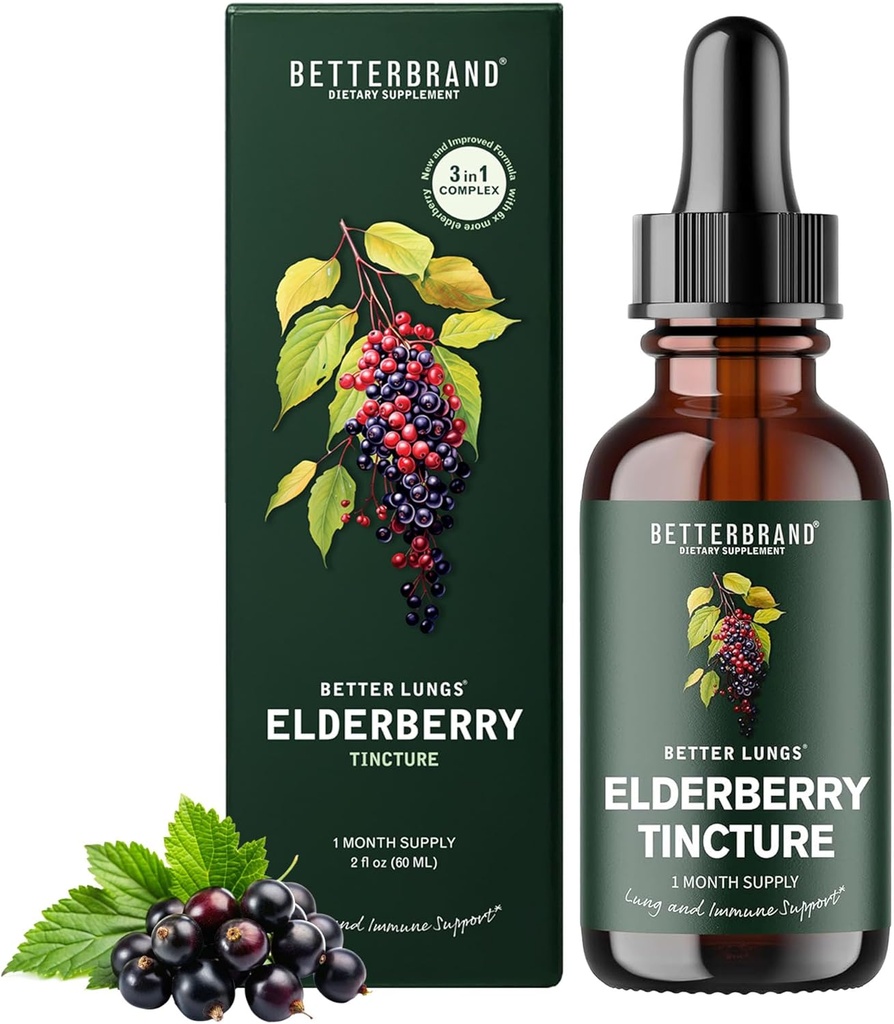 Betterbrand BetterLungs Elderberry Tincture Dietary Supplément - Tous naturels sans sucre non-OGM Végétarien pour le soutien immunitaire d'hiver (30 jours)