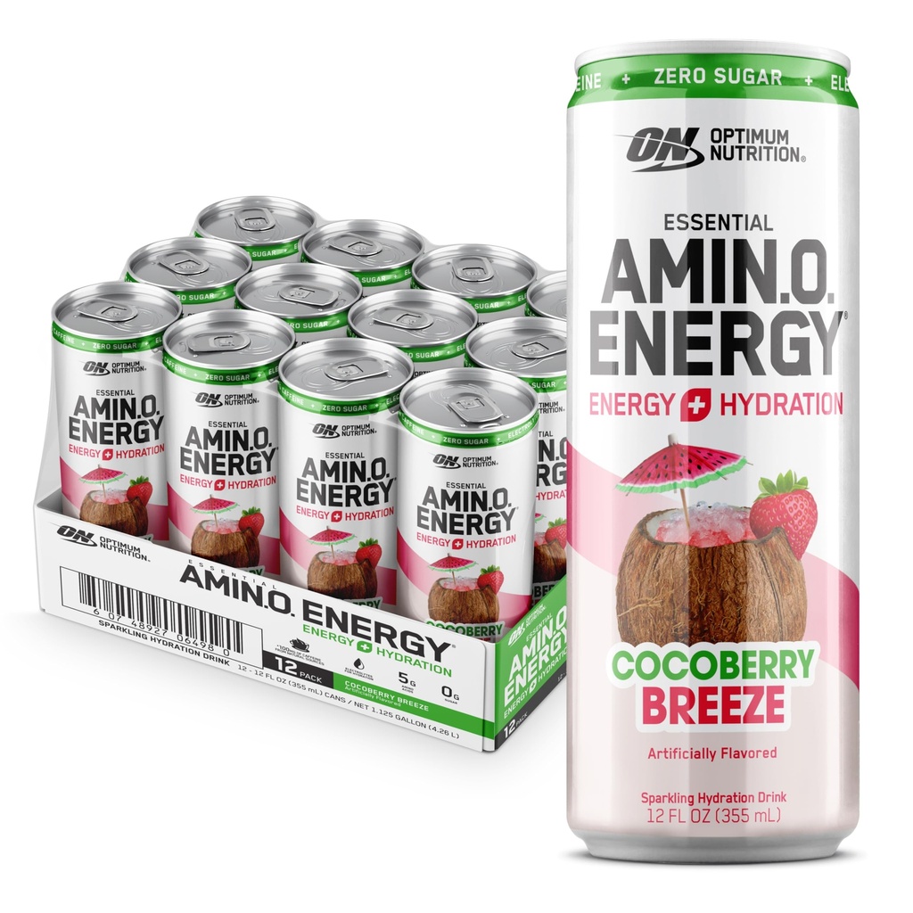 Optimum Nutrition Amino énergie Sparkling boisson d'hydratation, électrolytes, caféine, acides aminés, BCAAs, sans sucre, Breeze de Cocoberry, 12 Fl Oz, 12 Pack (emballage mai Vary)