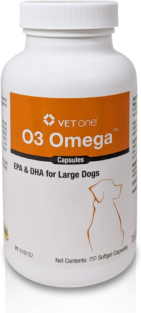 VetOne O3 Omega Soft Gel pour les grands chiens - Essential Fatty Acid Support - Skin & Coat Supplément - 250 Capsules