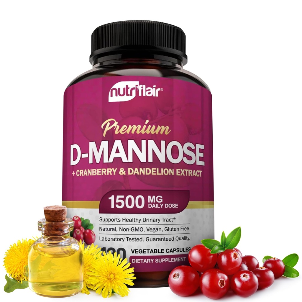 NutriFlair D-Mannose 1200mg, 120 Kapseln - mit Cranberry und Dandelion Extract - Natürliche Urinary Tract Health UTI-Support - Best D Mannose Powder - Flush Verunreinigungen, Detox Body, für Damen und Herren
