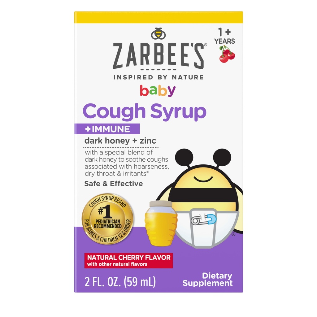 Zarbees Baby Honig Hustensirup + Immun für Babys 12-24 Monate, Safe & Effektive Hustensirup mit wohltuenden dunklen Honig & Zink für Immununterstützung*, Drug & Alcohol-Free, Kirsche, 2 fl. Unze