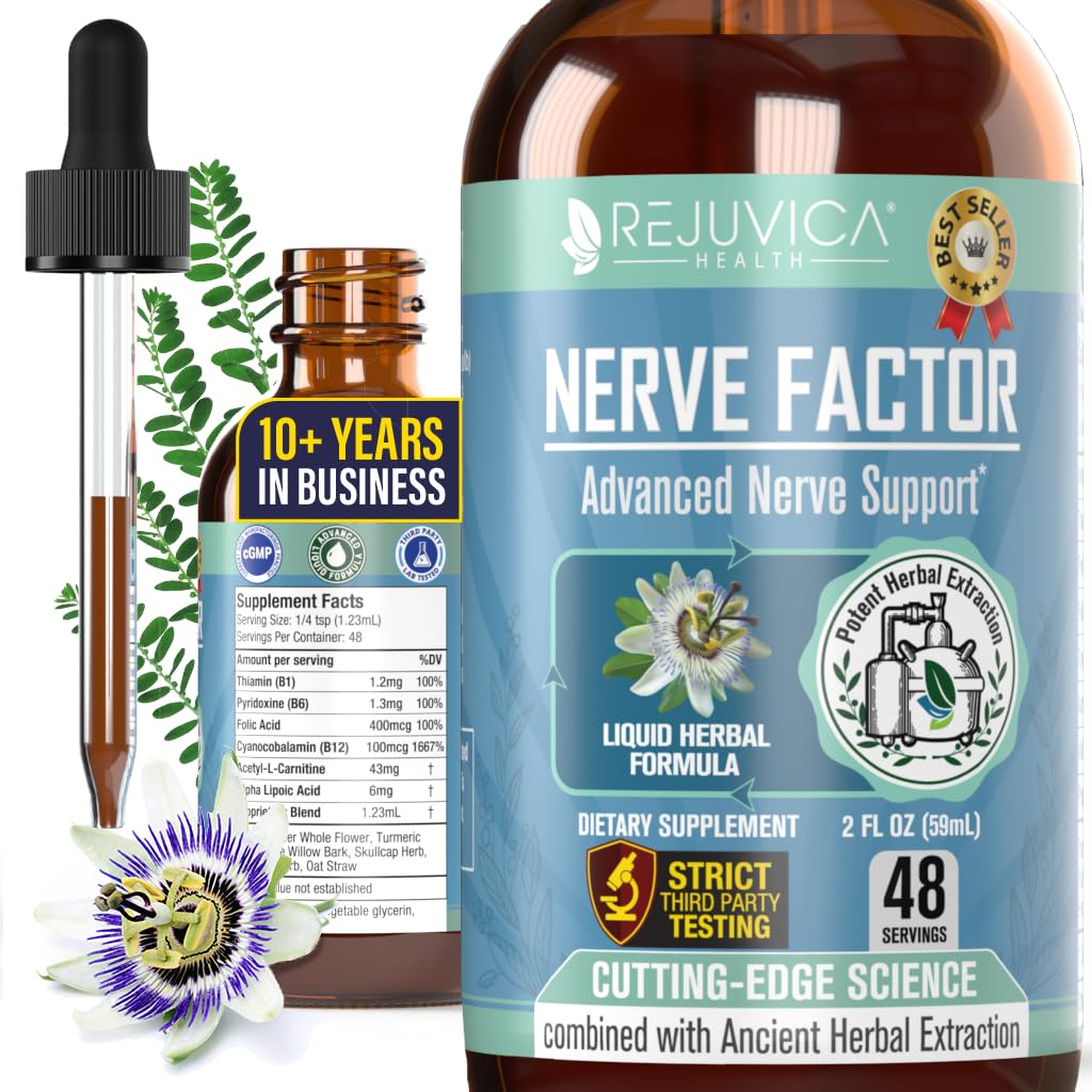 Rejuvica Health NerveFactor - Advanced Nerve Support Supplement - Flüssige Lieferung für bessere Absorption - Acetyl-L-Carnitin, Alpha Lipoic Acid, Vitamin B12, Folsäure, White Willow Bark &amp; mehr!
