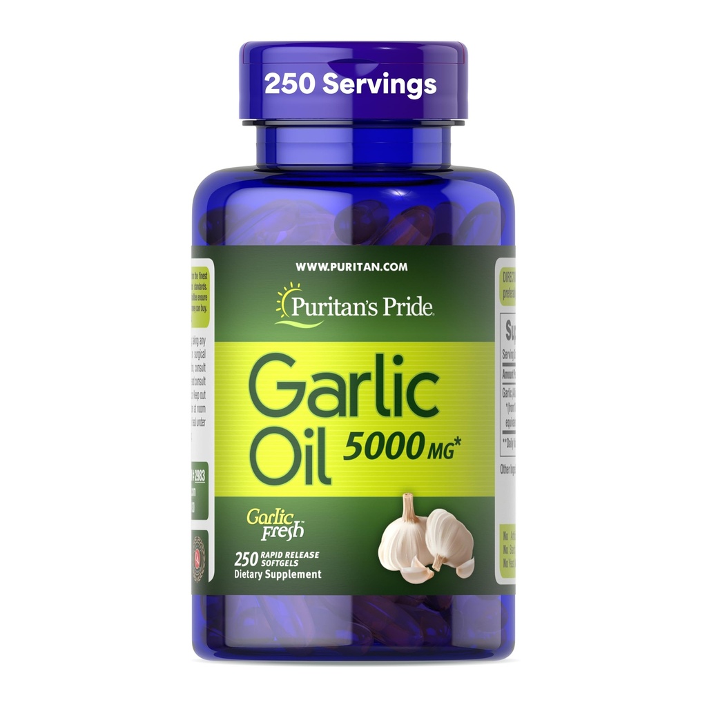 Puritan's Pride Premium Knoblauch Fresh 5000mg, traditionelle Nahrungsergänzung für Herzgesundheit und Zirkulation Unterstützung mit Antioxidantien Eigenschaften, 250 Rapid Release Softgels