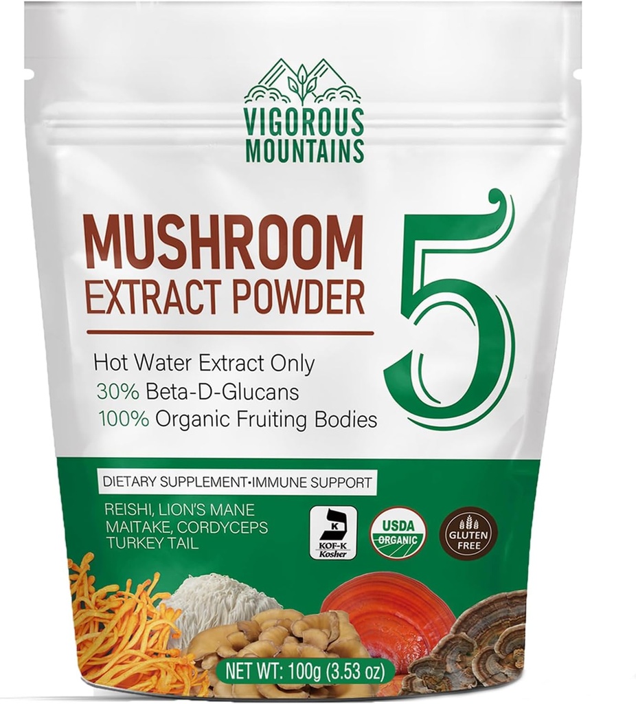 VIGOROUS MOUNTAINS Organic Mushroom Powder Supplement - USDA Zertifiziert, Lions Mane & Reishi für Immununterstützung, Gehirnfokus, Vegan, Mixes Instant in Kaffee & Moothies (100g)